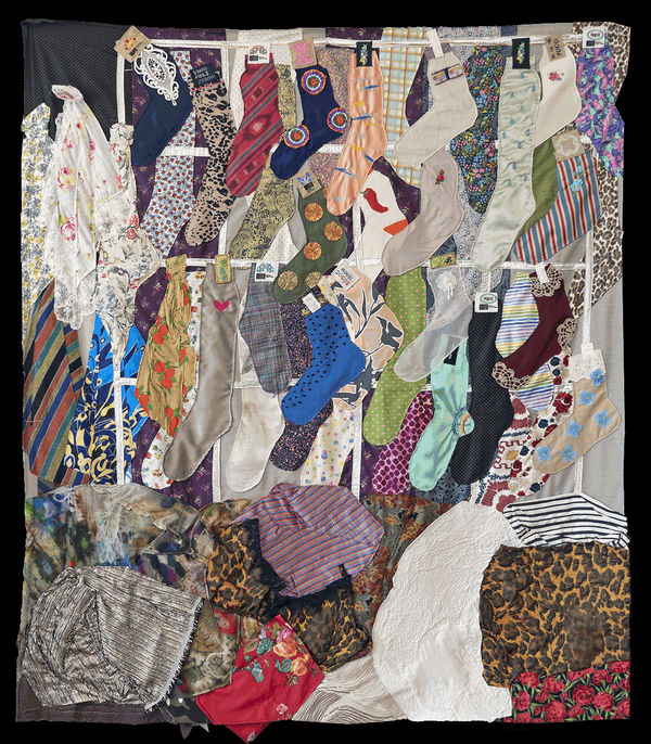Fabric quilt that depicts a sock stall in a South Korean market