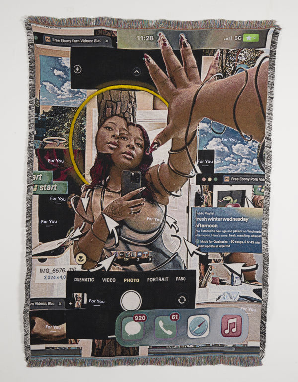 Qualeasha Wood, It’s All For U (If U Rlly Want It), 2024, woven jacquard, glass seed beads and machine embroidery, 217.2 x 149.9 cm, 85 ½ x 59 in. Collection Cranbrook Museum of Art, NI. Photo: Athenaeum Editions