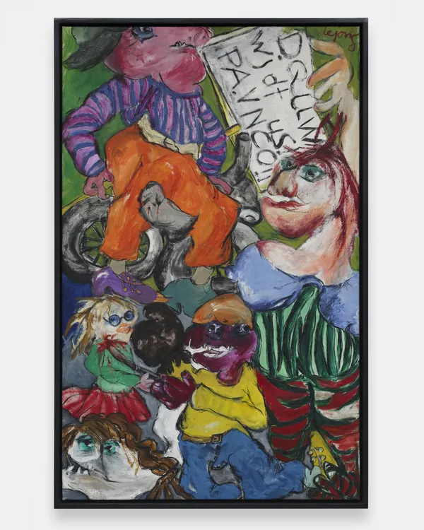 Jacqueline de Jong, La propag andiste idiote, 1965, oil on canvas, 115 x 72.2 cm, 45 ¼ x 28 ½ in. Collection Kunstmuseum St.Gallen. © Jacqueline de Jong Foundation 2026.