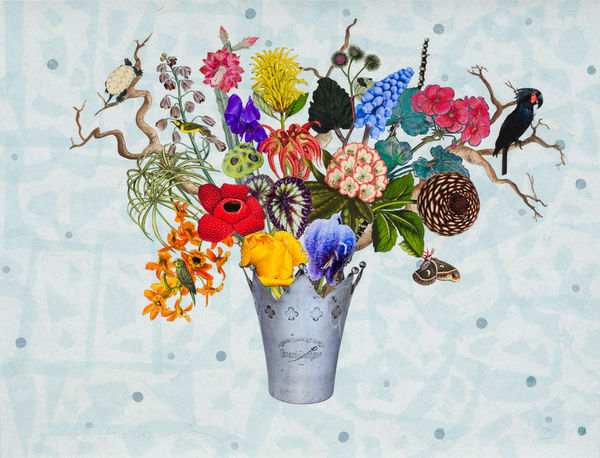 Crown-Shaped Champagne Bucket with Monkshood, Fritillaria Persica and Cecropia Moth, 2023 Unique botanical collage using relief printing, digital printing, coloured pencil, Sumi ink, watercolour and gouache, hand cut and assembled on collaged Japanese papers over cotton rag. Signed in pencil. 96.5 x 127 cm (38 x 50 in)