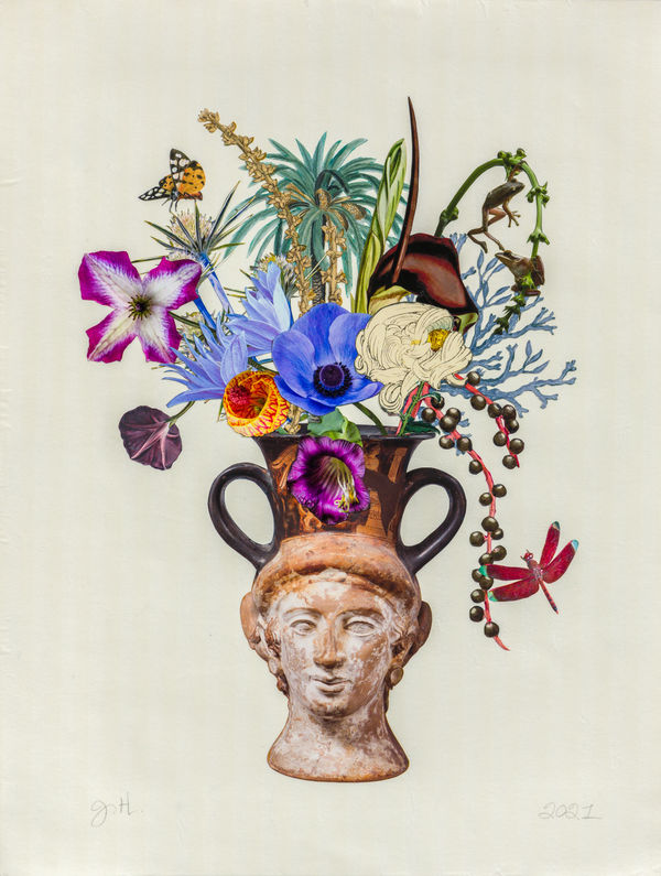 Greek Vase with Anemone, Chrysanthemum and Cup and Saucer Vine, 2021 Unique botanical collage digital printing, coloured pencil, Sumi ink, watercolour and gouache, hand cut and assembled on Japanese papers over cotton rag. Initialed in pencil on front, signed verso. 61 x 46.4 cm (24 x 18.25 in)
