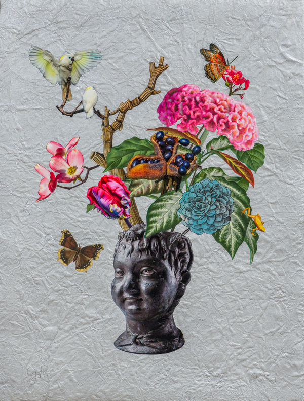 Roman Head with Peony Pod, Celosia and Blue-Eyed Cockatoo, 2021 Unique botanical collage with relief printing, digital printing, coloured pencil, Sumi ink, watercolour and gouache, hand cut and assembled on painted Nepali paper collaged over cotton rag. Initialed in pencil on front, signed verso. 68.6 x 52.1 cm (27 x 20.5 in)