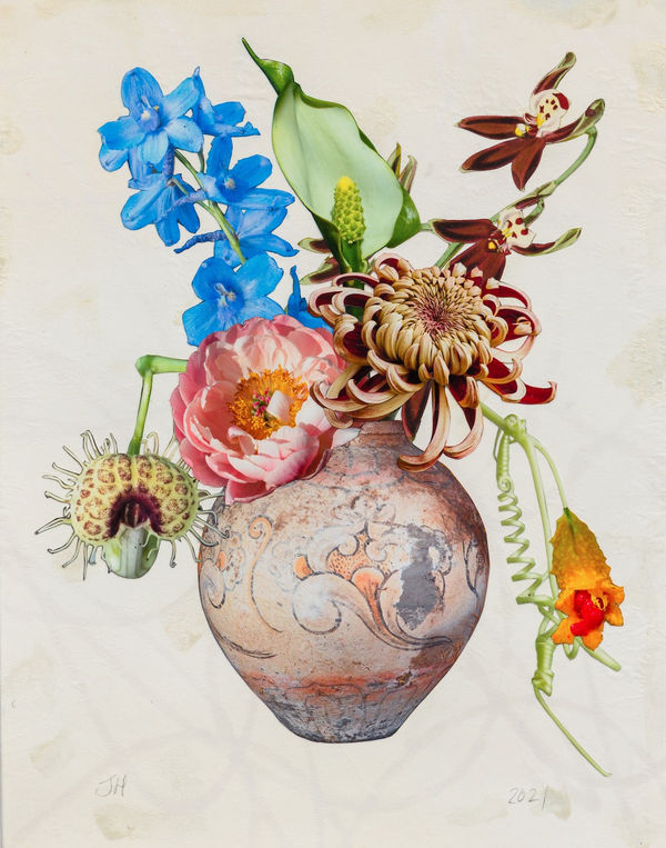 Chinese Painted Vase with Delphinium, Momordica and Chrysanthemum, 2021 Unique botanical collage with digital printing, coloured pencil, Sumi ink, watercolour and gouache, hand cut and assembled on painted Japanese paper collaged over cotton rag. Initialed in pencil on front, signed verso. 45.1 x 35.6 cm (17.75 x 14 in)