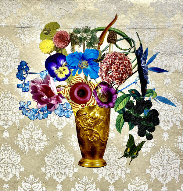 Pre-Columbian Parrot Cup with Blackberries, Dahlias and Morels, 2023 Unique botanical collage using digital printing, coloured pencil, Sumi ink, watercolour and gouache, hand cut and assembled on collaged Nepali papers over cotton rag. Signed in pencil. 55.9 x 54.6 cm (22 x 21.5 in)