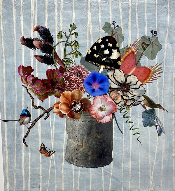 Russian Bucket with Black Pussy Willow, Venus Fly Trap and Morning Glory, 2023 Unique botanical collage using linocut, relief printing, digital printing, coloured pencil, Sumi ink, watercolour and gouache, hand cut and assembled on collaged Japanese papers over cotton rag. Signed in pencil. 59.7 x 55.2 cm (23.5 x 21.75 in)