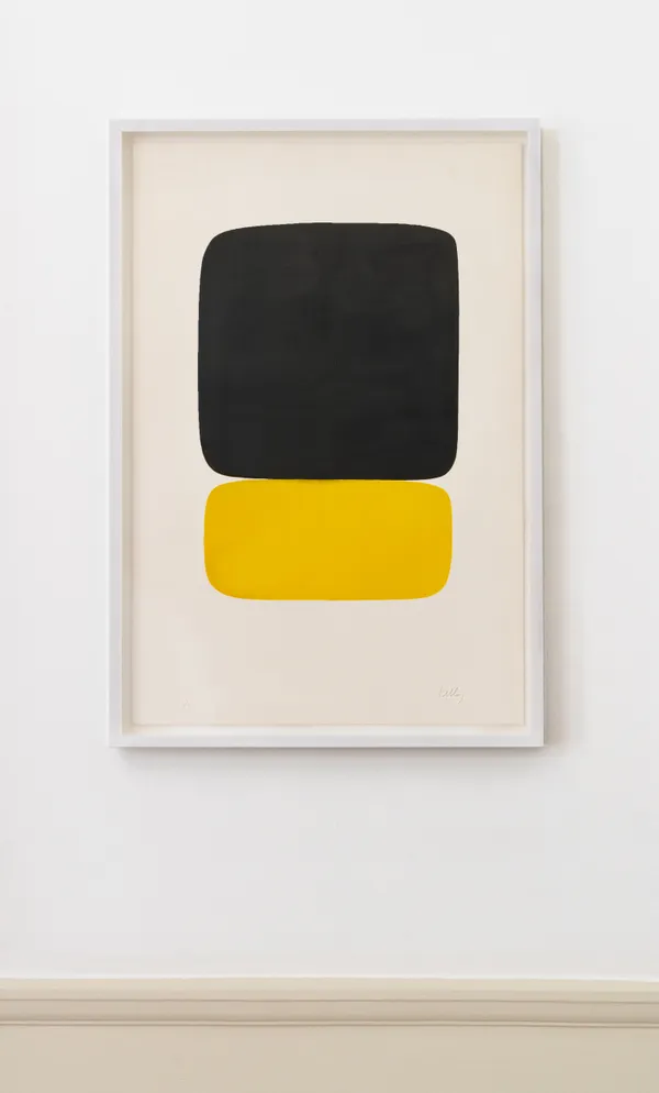 Ellsworth Kelly Black Over Yellow, 1964-65 Lithograph printed in colours. Signed in pencil and inscribed HC V/V. A 'hors commerce' proof impression aside from the edition of 75, with 6 artist proofs. Published by Maeght Éditeur, Paris. Printed by Maeght Imprimerie, Levallois-Perret. (Axsom 24) 89.53 x 59.69 cm (35 1/4 x 23 1/2 in)