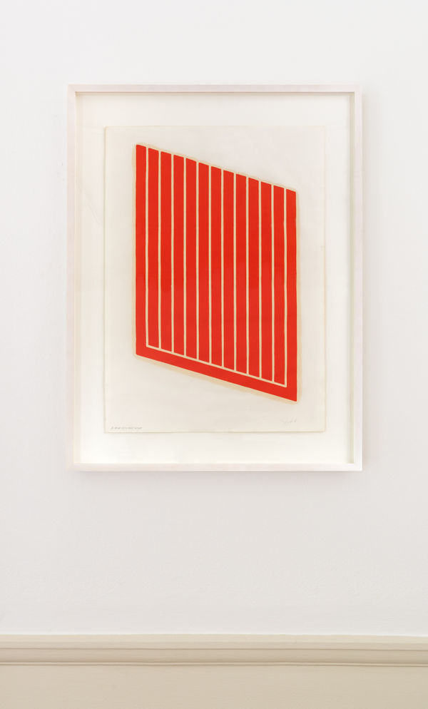 Donald Judd Untitled, 1961-69 Woodcut printed in cadmium red. Signed in pencil and inscribed 2-R# 3/12 RES. From the edition of 12. Printed on cartridge paper by the artist and his father, Roy Judd. Published by the artist. (Schellmann 39) 77.8 x 55.9 cm (30 5/8 x 22 1/8 in)