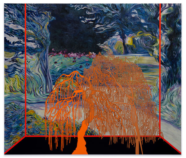 WHITNEY BEDFORD Veduta (Van De Velde The Garden Kalmthout), 2024 Ink and oil on nylinen over panel 51 x 60 inches 129.5 x 152.4 cm (MMG#37242)