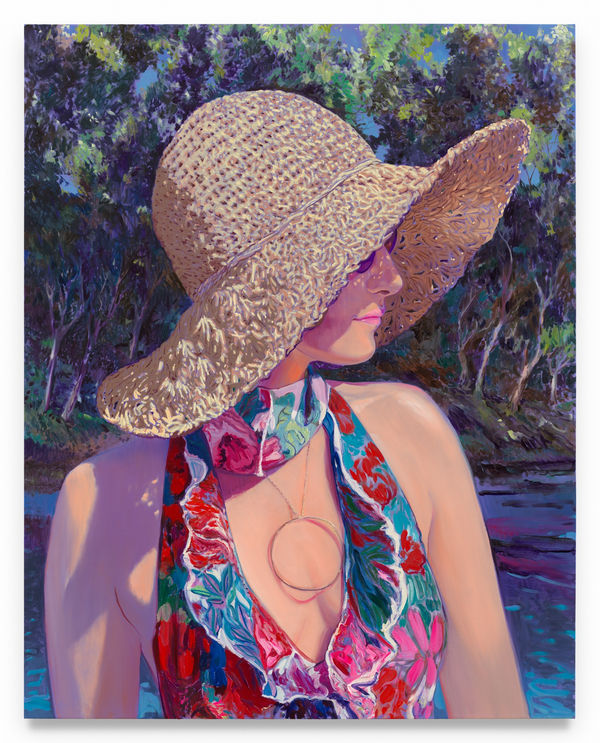 SEBASTIAN BLANCK Isca in a Floral Sundress Sunhat, 2024 Oil on canvas 84 x 60 inches 213.4 x 152.4 cm (MMG#37228)