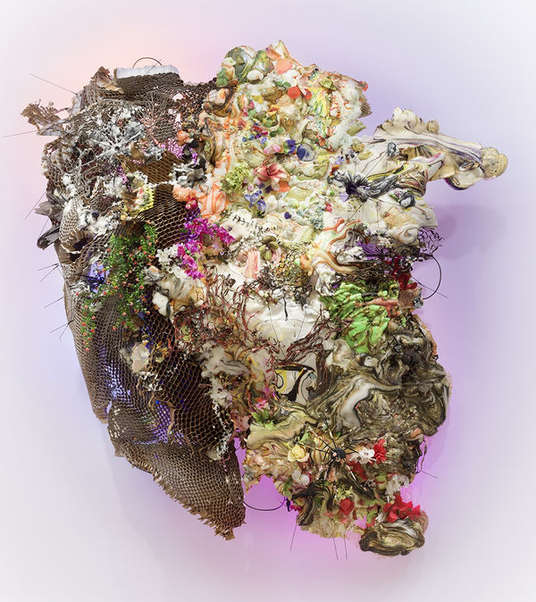 JUDY PFAFF Glazed and Confused: Rockin' Lobster Majolica, 2024 Hexcomb cardboard, pigmented expanded foam, steel, wire, faux flowers, umbrella frames 108 x 84 x 26 inches 274.3 x 213.4 x 66 cm (MMG#37364)