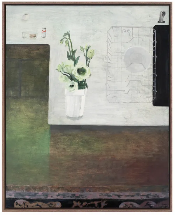 Aubrey Levinthal Counter with Lisianthus​​​ oil on panel, 30 5/8 x 24 7/8 in, 2025 Courtesy of the Artist and Ingleby, Edinburgh