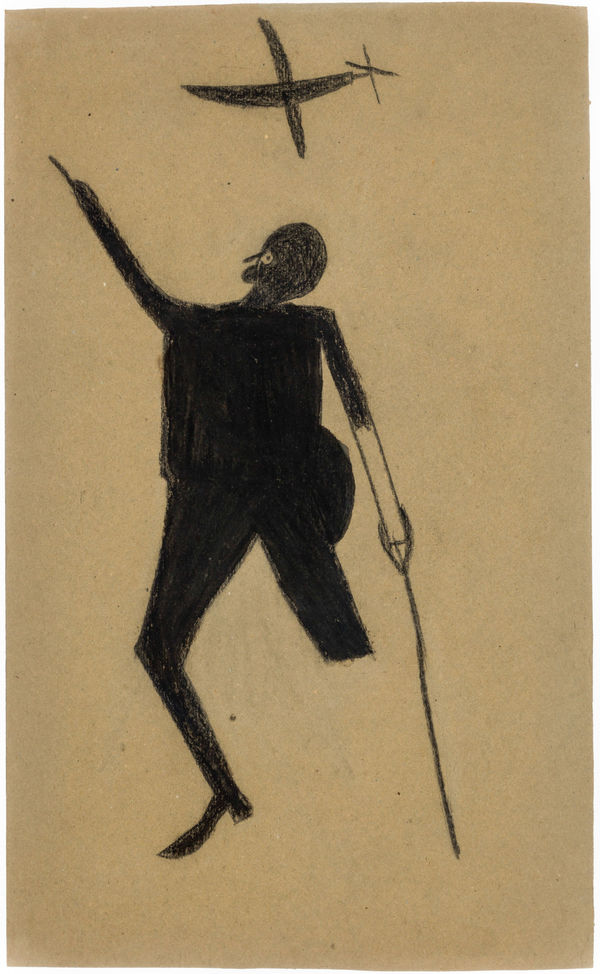 Bill Traylor One-Legged Man with Airplane, ca. 1939-42 Colored pencil and poster paint on cardboard 15 1/2 x 9 1/2 in. (39.4 x 24.1 cm.) (BT2-SvR) SOLD