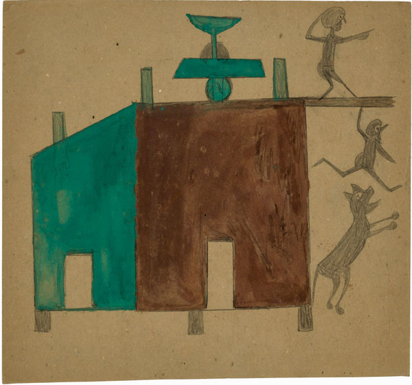 Bill Traylor Untitled (Green Brown House with Figures), ca. 1939 - 42 Poster paint and graphite on found cardboard 13 1/2 x 14 1/2 in. (34.3 x 36.8 cm.) (BT7-SvR) SOLD