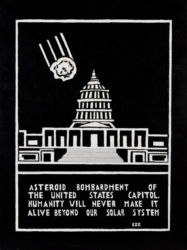 Untitled (Asteroid Bombardment of the United States Capitol), 2011 Acrylic on Masonite 48 x 36 in (121.9 x 91.4 cm) (KG 555)