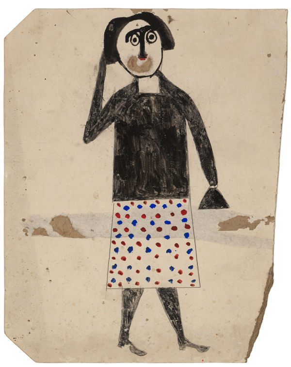 Untitled (Woman with Polka-Dot Skirt and Handbag), ca. 1939 - 42 Poster paint and graphite on found cardboard 13 1/2 x 10 3/4 in. (26.5 x 27.4 cm) (BT 39)