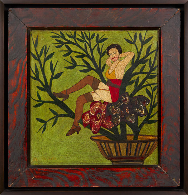 Untitled (Woman on Plant), ca. 1940 Oil on Masonite with original grain painted frame 15 3/4 x 15 in. (40 x 38.1 cm) (FM Personal 80) SOLD