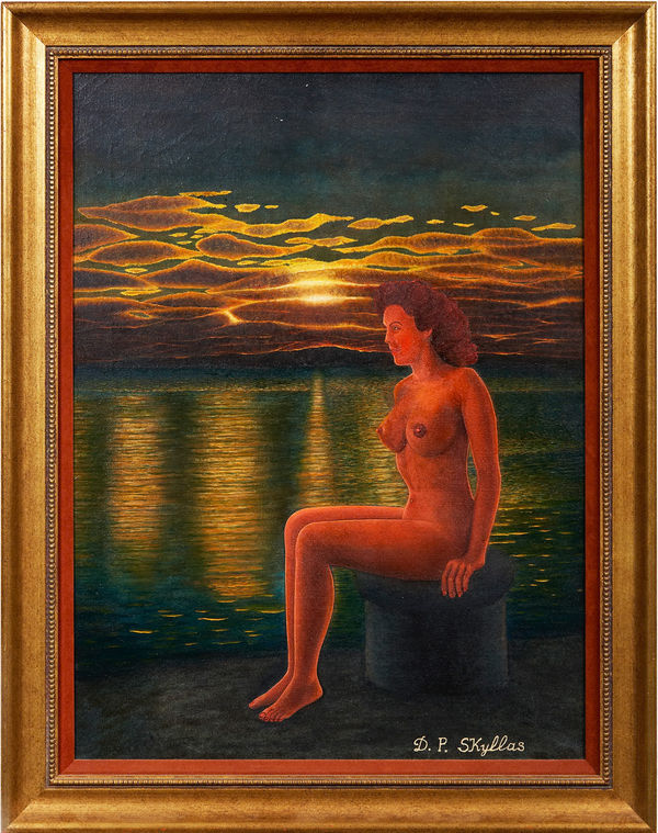 Drossos P. Skyllas Untitled (Seated Nude in Water Landscape), ca. 1955 Oil on canvas 24 x 18 1/2 in. (61 x 47 cm) (DS 4)