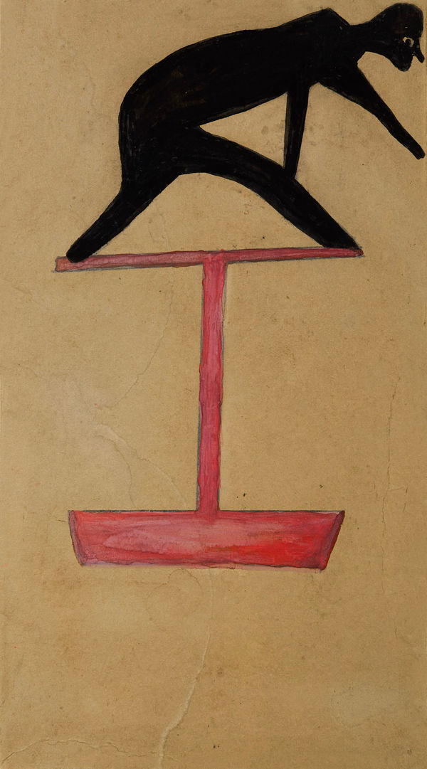 Untitled (Figure on Red Construction), ca. 1939 - 42 Poster paint on found cardboard 13 x 7 in. (33 x 17.8 cm). (BT 75)