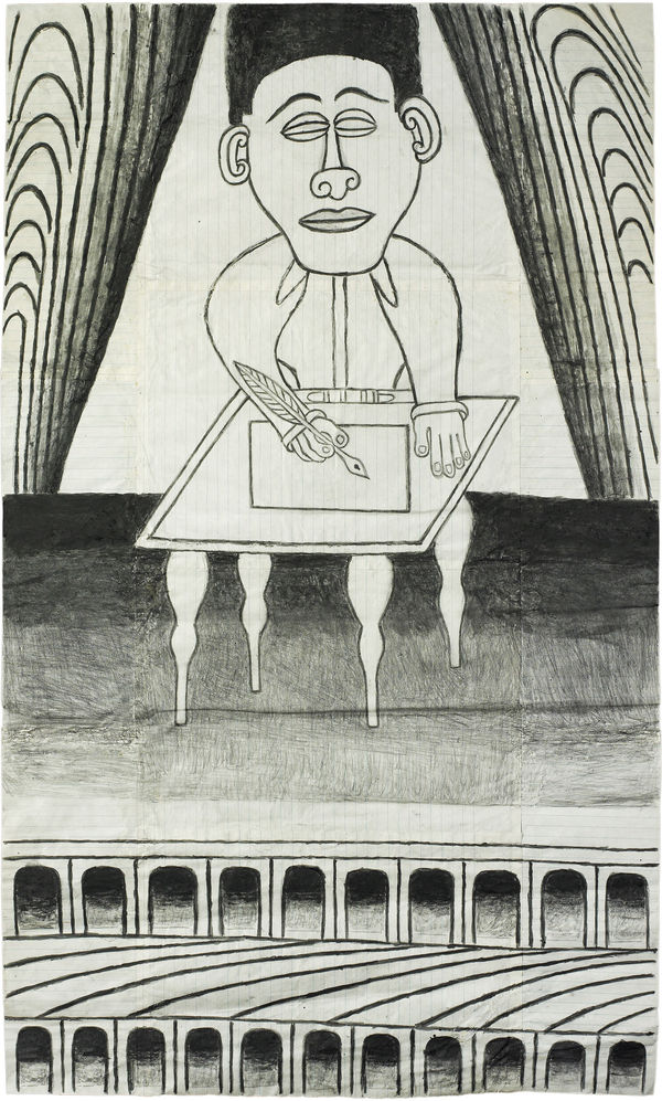 Untitled (Man at Desk), ca. 1960 - 63 Gouache and graphite on pieced paper 32 x 18.5 in. (81.3 x 47.0 cm) (MR 075)