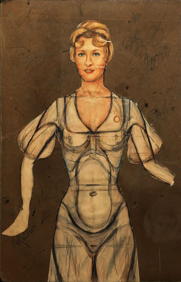 Red-Haired Lady in Flowing Gown, ca. 1980s Ink, pencil, colored pencil, cut out (collage) mounted on sketch book back cover 14 x 9 in. (35.6 x 22.9 cm) (RK 44)