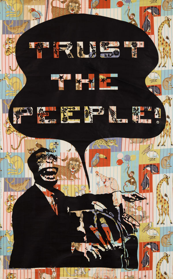 Trust the Peeple!, 1966 Unique slate-cut print: ink on patterned fabric 70 1/2 x 45 in. (179.1 x 114.3 cm) (WKt 11) $ 14,000