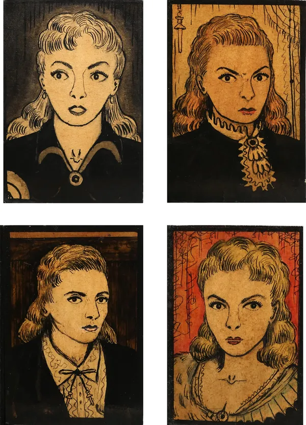 Renelda Kuhler, Marolyn Christiana, Della Marssey, Renelda Kuhler., 1950 Ink and gouache on heavy sketch paper Grid: 7 1/4 x 5 1/4 in. (18.4 x 13.3 cm). Each: 3 1/2 x 2 1/2 in. (8.9 x 6.3 cm) (RK 199) $ 10,000