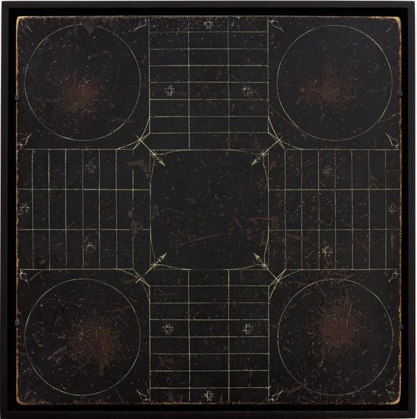 PARCHEESI GAME BOARD, LATE 19TH CENTURY Oil enamel on wood panel 19 3/4 x 19 3/4 in. 50.2 x 50.2 cm. (AU 241)
