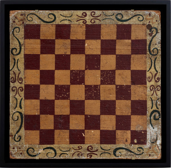 CHECKERS GAME BOARD WITH DECORATIVE BORDER, C. 1900 Oil enamel on wood panel 12 1/2 x 12 1/4 in. 31.8 x 31.1 cm. (AU 242)