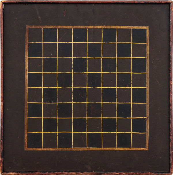 CHECKERS GAME BOARD, LATE 19TH CENTURY Original paint on wood 16 1/4 x 16 1/2 in. 41.3 x 41.9 cm. (AU 243)