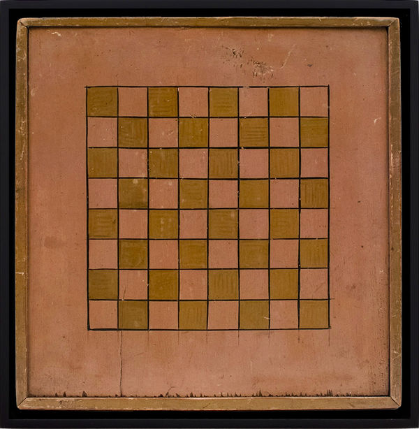 CHECKERS GAME BOARD, LATE 19TH CENTURY Oil based enamel on poplar wood 16 1/4 x 16 in. (AU 244)
