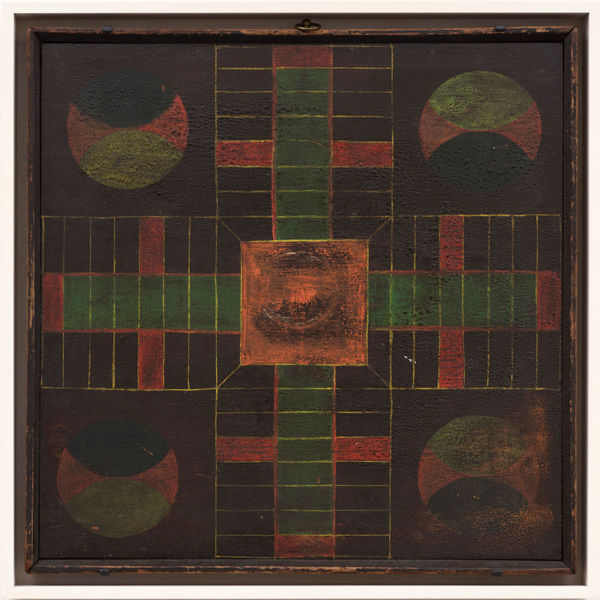PARCHEESI GAME BOARD, EARLY 20TH CENTURY Wood with original polychrome 16 1/2 x 16 1/2 in. (AU 248)