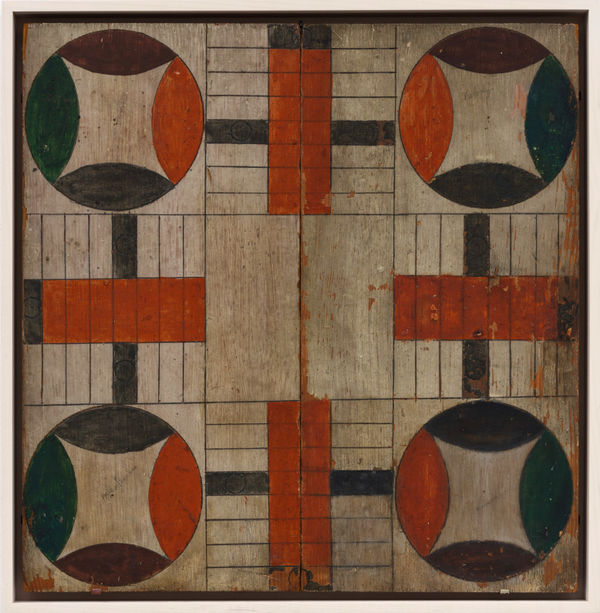 PARCHEESI GAME BOARD, LATE 19TH - EARLY 20TH CENTURY Oil enamel on wood panel 17 1/2 x 18 in. 44.5 x 45.7 cm. (AU 253)