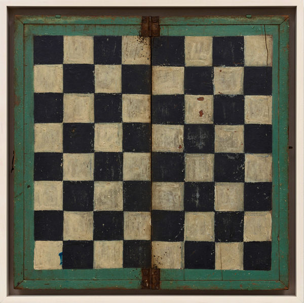 FOLDING CHECKERS BOARD, LATE 19TH-EARLY 20TH CENTURY Oil enamel on wood panel 14 x 14 in. 35.6 x 35.6 cm. (AU 259)