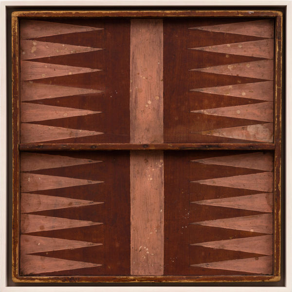 BACKGAMMON GAME BOARD, EARLY 20TH CENTURY Oil enamel on wood panel 18 x 18 in. 45.7 x 45.7 cm. (AU 260)