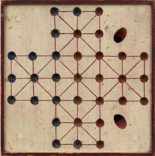 SOLITAIRE BOARD WITH LEGS AND SECRET DRAWER, LATE 19TH CENTURY Wood with original polychrome 10 1/2 x 10 1/2 in. 26.7 x 26.7 cm. (AU 281)