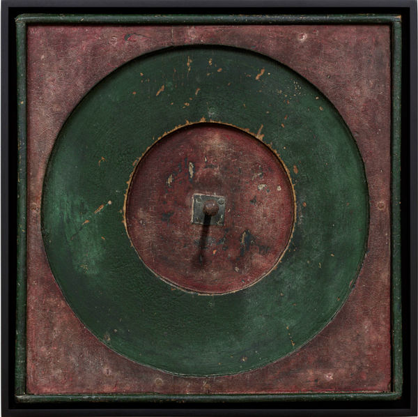 RING TOSS GAME BOARD, LATE 19TH CENTURY Wood with polychrome paint, iron nail 18 x 18 in. 45.7 x 45.7 cm. (AU 283)