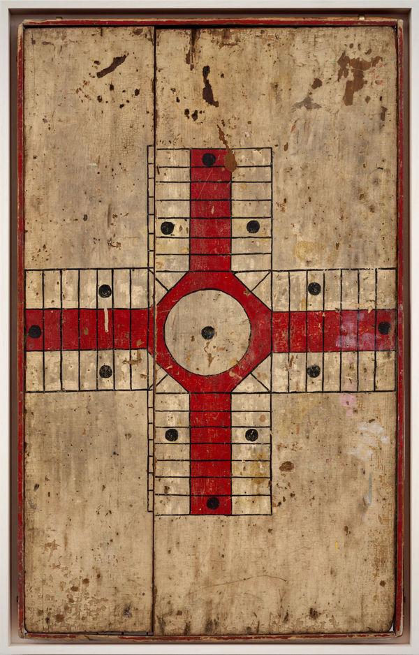 PARCHEESI GAME BOARD, EARLY 20TH CENTURY Oil enamel on wood panel 31 x 19 in. 78.7 x 48.3 cm. (AU 285)