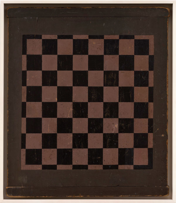 CHECKERS GAME BOARD, C. 1900-1920 WOOD WITH POLYCHROME 22 x 18 3/4 in. 55.9 x 47.6 cm. (AU 292)