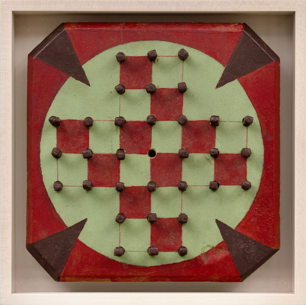SOLITAIRE GAME BOARD WITH PEGS , C. 1950S 8 5/8 x 8 5/8 in. 21.9 x 21.9 cm. (AU 298)