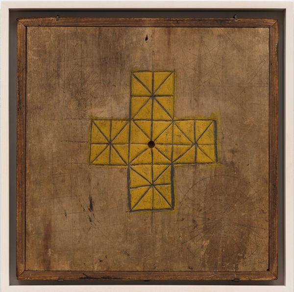 SOLITAIRE GAME BOARD, LATE 19TH CENTURY Polychrome on wood 12 3/4 x 12 1/2 in. (AU 307)