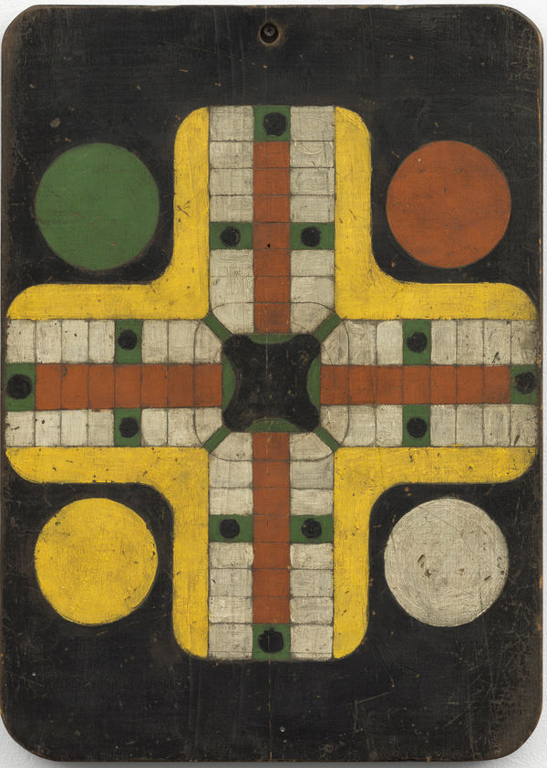 Parcheesi Game Board, c. 1920-30 Polychrome on wood 21 x 15 in. (AU 310)