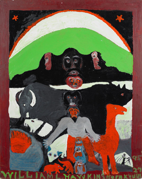 Images of animals and a man in front of a black, white and green background.