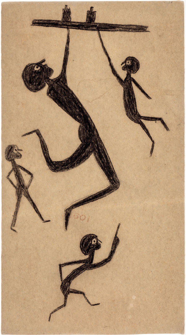 Artwork by the African American artist Bill Traylor. Artwork caption: Untitled (Four Men and Bottles on a Shelf), ca. 1939-42. Crayon and graphite on found cardboard. Dimensions: 13 1/2 x 7 1/2 inches ((34.3 x 19.1 centimeters)