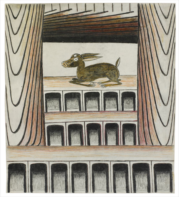 Mixed-media drawing of a fawn resting atop three architectural tiers by the Mexican artist Martín Ramírez