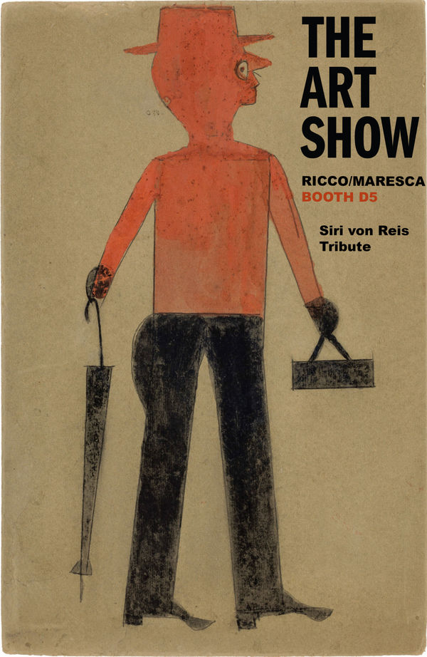 Digital poster for The Art Show, organized by the Art Dealers Association of America, picturing a work by the African American Artist Bill Traylor: Untitled (Man with Red Top and Umbrella), ca. 1939 - 42. Poster paint and graphite on found cardboard 13 3/