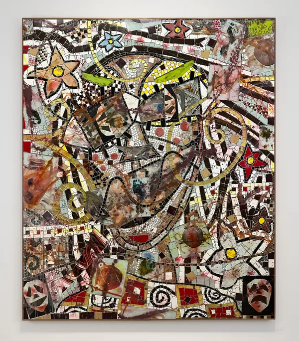 Cameron Welch (American, b. 1990) Maze Dweller II, 2024 Marble, Glass, Ceramic, Stone, Spray Enamel, Oil, and Acrylic on Panel 84 3/4" x 72 7/8" (216 x 185 cm) Unique