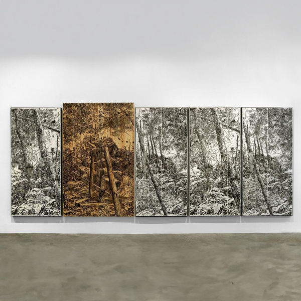Orit Hofshi (Israeli, b. 1959)  Divergence, 2012  Hand printed woodcut on hand made paper, carved pine wood panels  75 1/2" x 186"