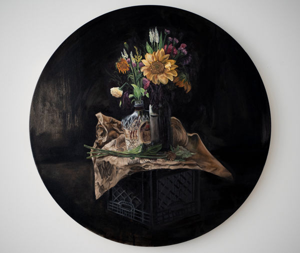 Natia Lemay (Canadian, b. 1985)  Validation and Sedatives, 2024  Oil on Canvas  Diameter: 36" (91.5 cm)  Unique