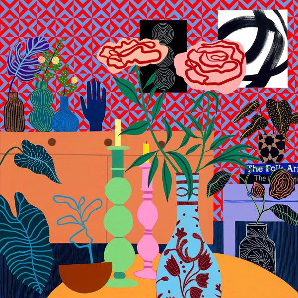 "Candles with Flowers in a Red Room," 48 x 48", 2021, flashe, spraypaint and oil stick on canvas framed