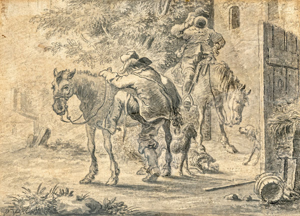 Pieter Cornelisz Verbeeck (Haarlem 1610 - 1654) Two Horsemen in front of a Tavern pen in black and brush in grey, over black chalk, on laid paper 100 x 140 mm signed 'PVB', lower left